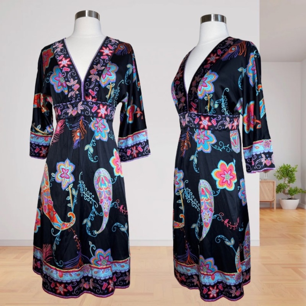 Trina Turk Black Midi Dress Wrap Style V-Neck